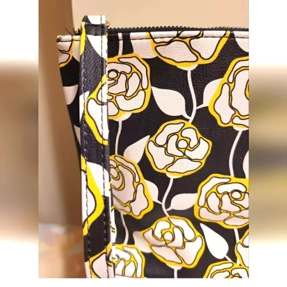 Betsey Johnson Black/Wht/Yellow Rose Print PVC Wristlet Large Toiletries Bag $50